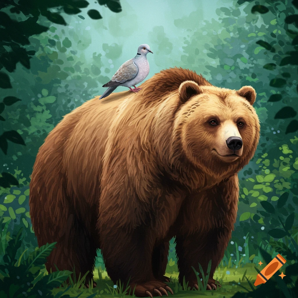 A brown bear with a turtledove perched on its back stands in a forest.