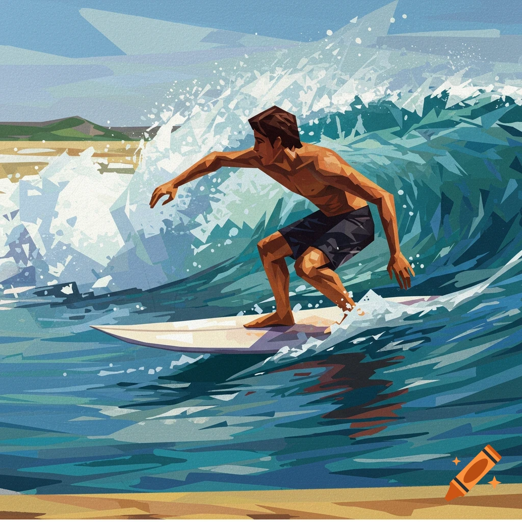 A surfer rides a large wave in a vibrant cubist style painting.