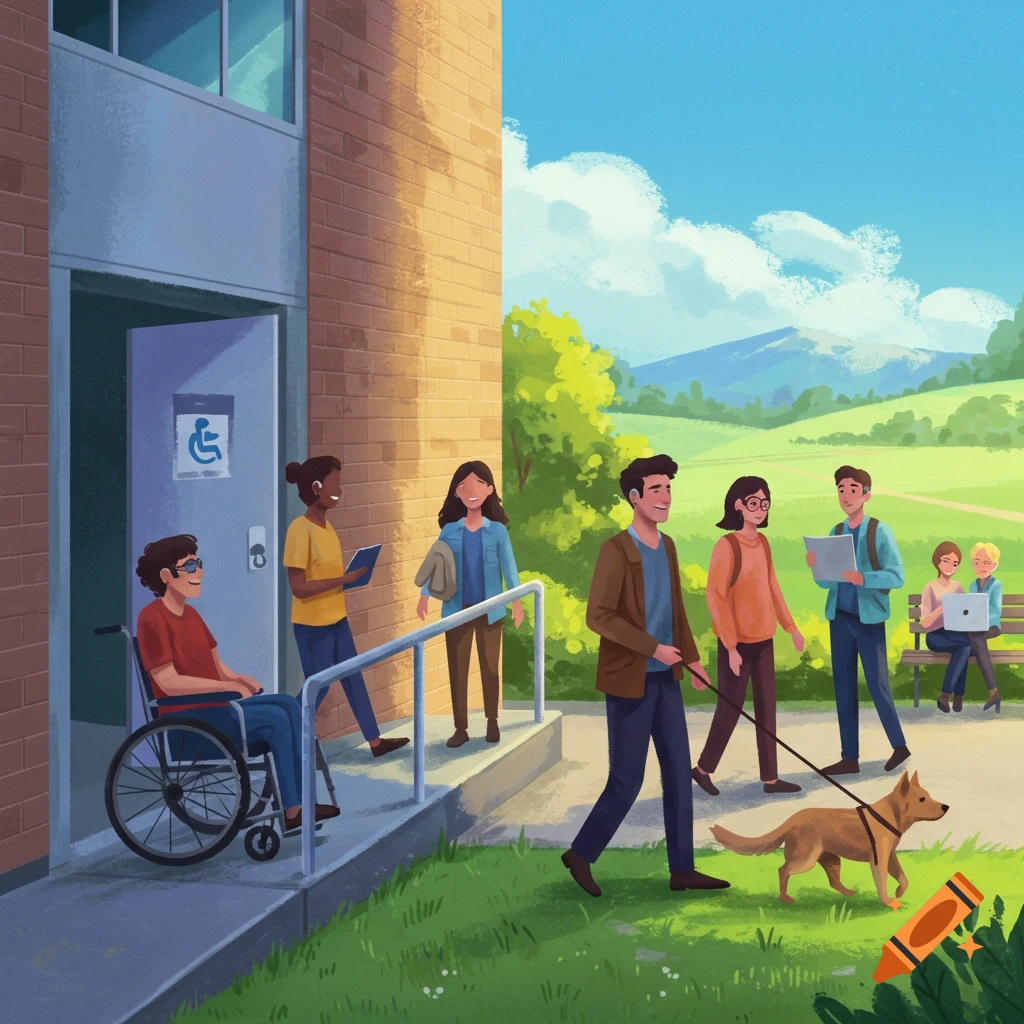 An illustration shows diverse people, including someone in a wheelchair and someone with a service dog, entering and leaving a building with an accessibility ramp and sign.