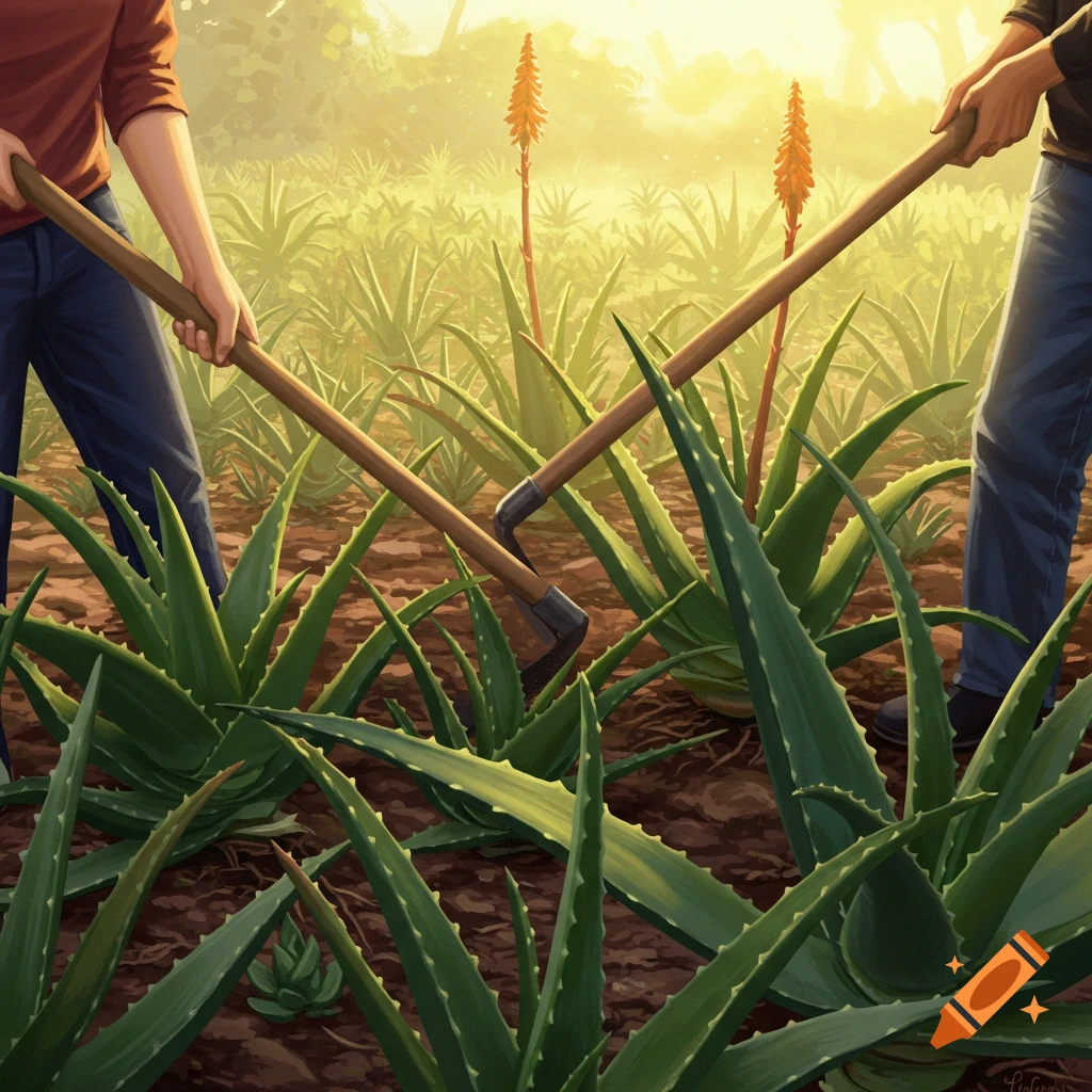 Two people using hoes in a field of aloe plants.