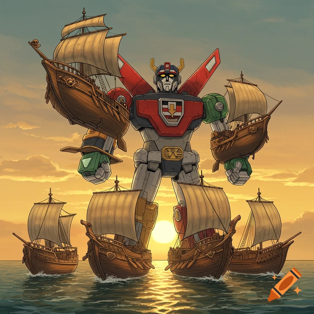 A giant robot made of sailing ships stands in the ocean at sunset.