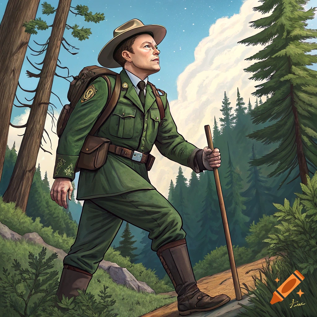 Illustration of a park ranger hiking uphill on a forest path