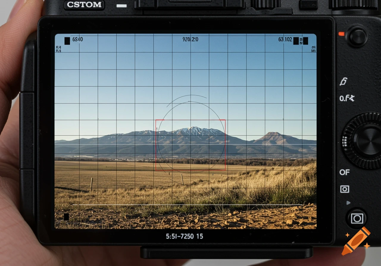 Hand holding a camera displaying a grid over a landscape view of mountains and fields.