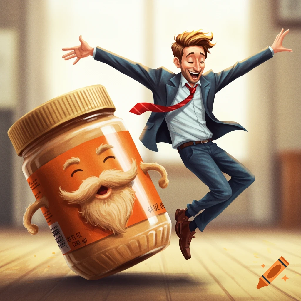 man dancing with goateed peanut butter jar
