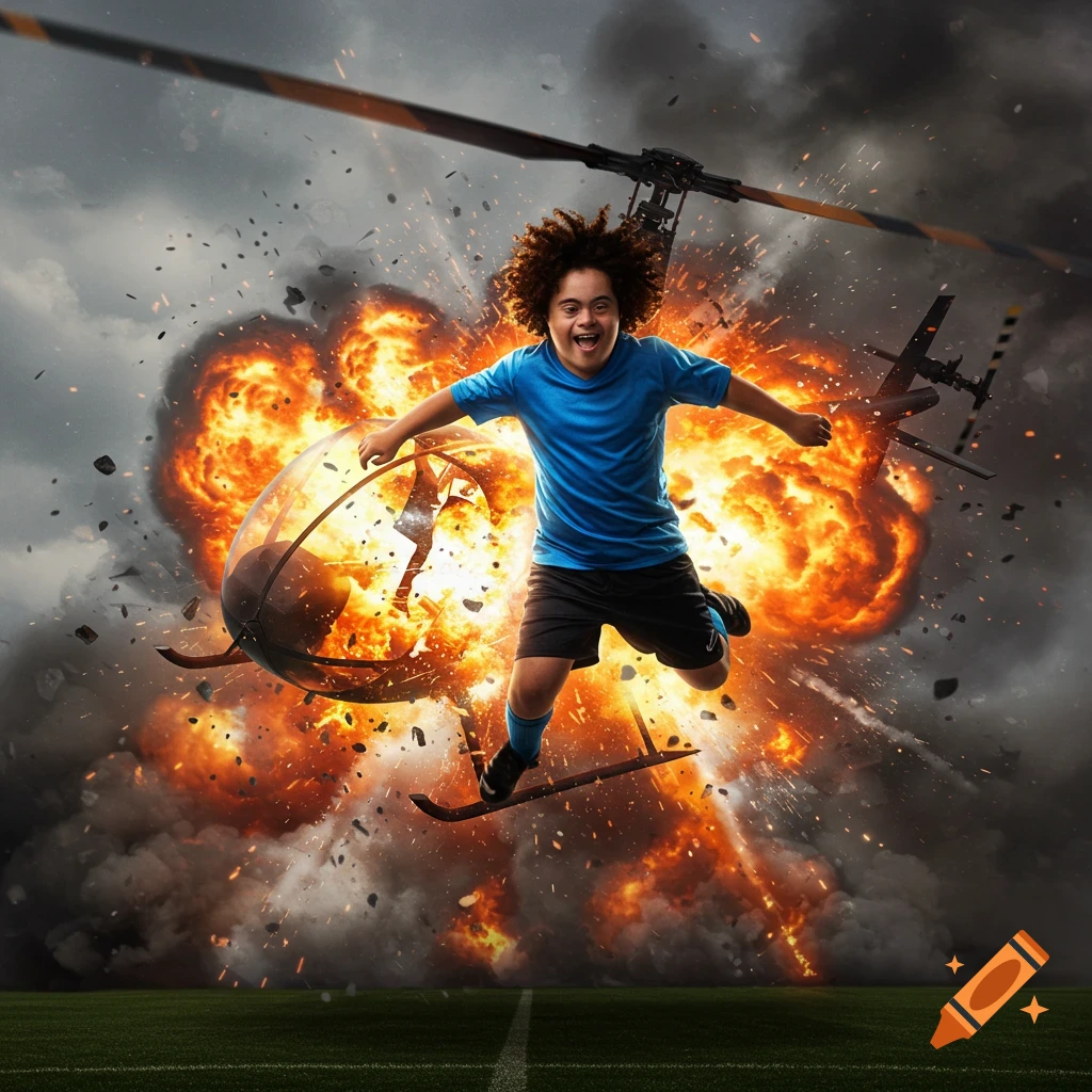 A boy in a soccer uniform jumps from an exploding helicopter over a soccer field.