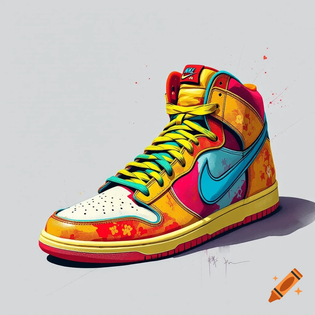 A vibrant, colorful high-top sneaker on a light gray background.