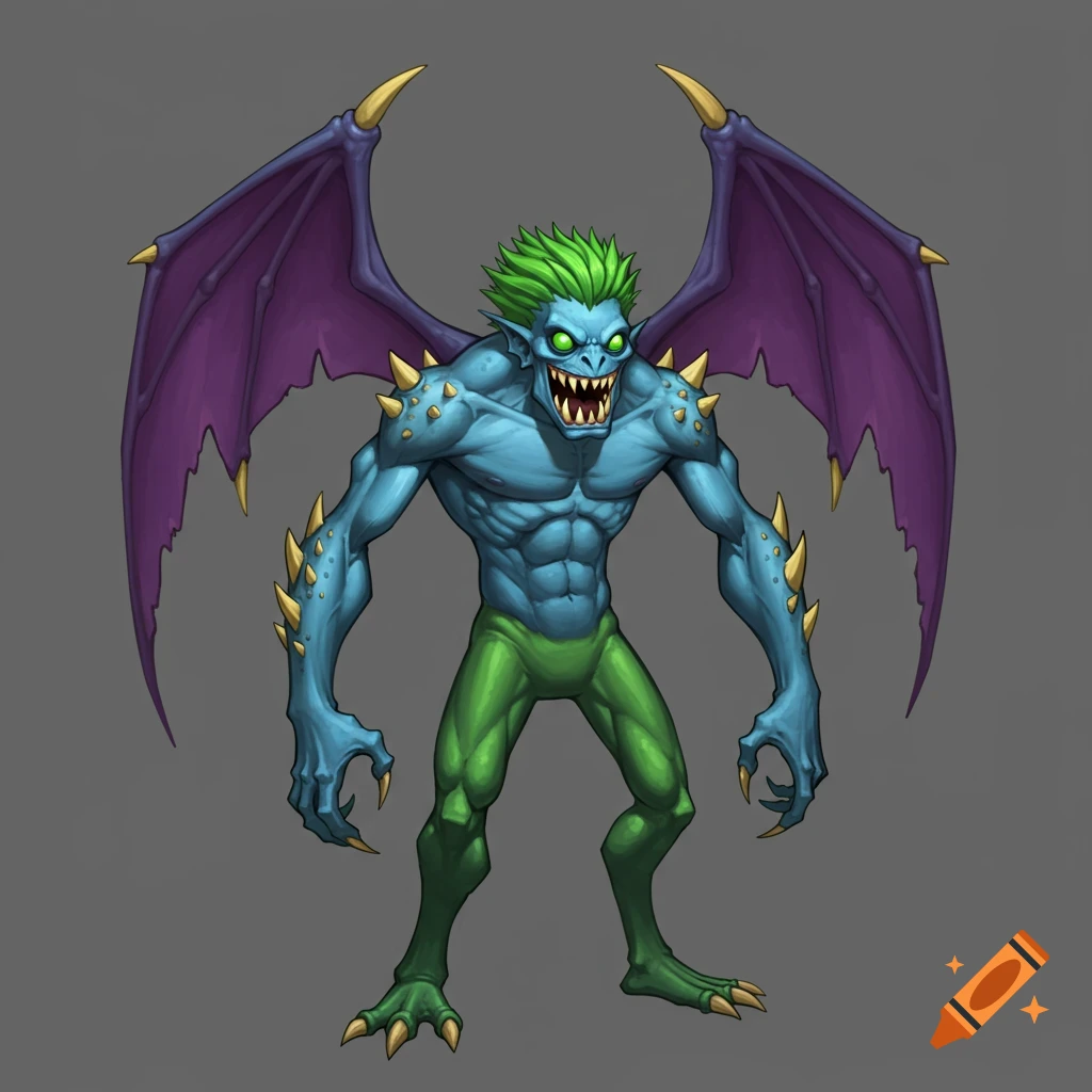 Illustration of a muscular blue monster with purple wings, green hair, sharp teeth, and yellow spikes.