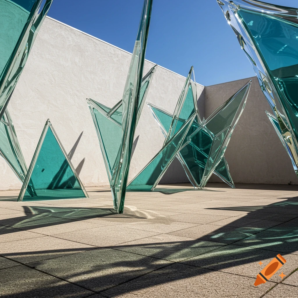 Sharp, angular green glass sculptures stand on a tiled patio, casting long shadows in sunlight.