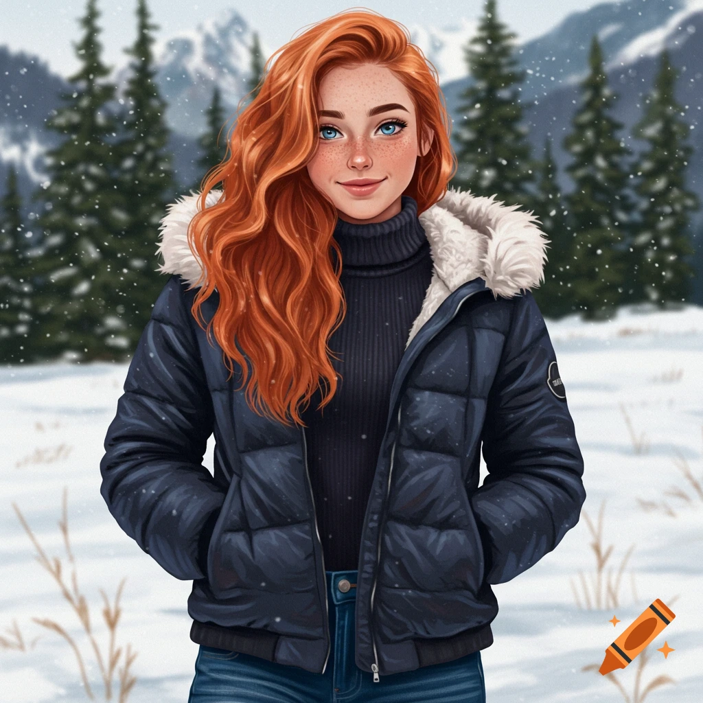 An illustrated portrait of a young woman with red hair and freckles wearing a blue puffer jacket in a snowy forest.