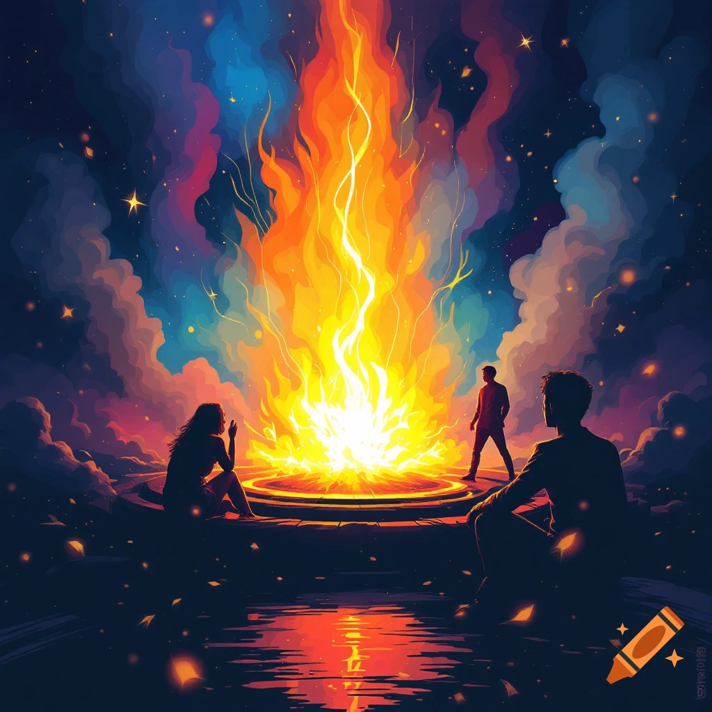 Silhouetted figures gather around a large bonfire under a colorful starry night sky.