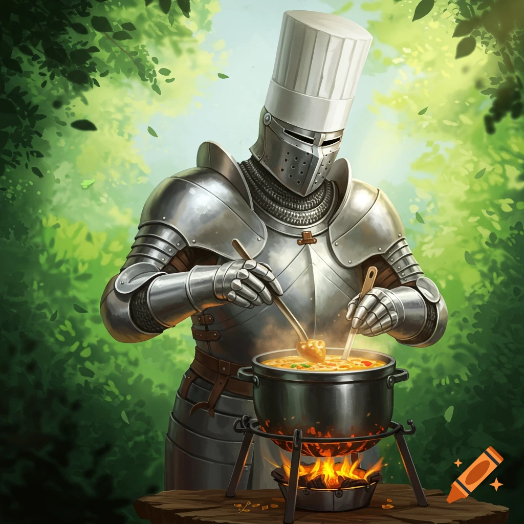 A knight in full armor wearing a chef's hat cooks soup over a fire in a forest clearing.