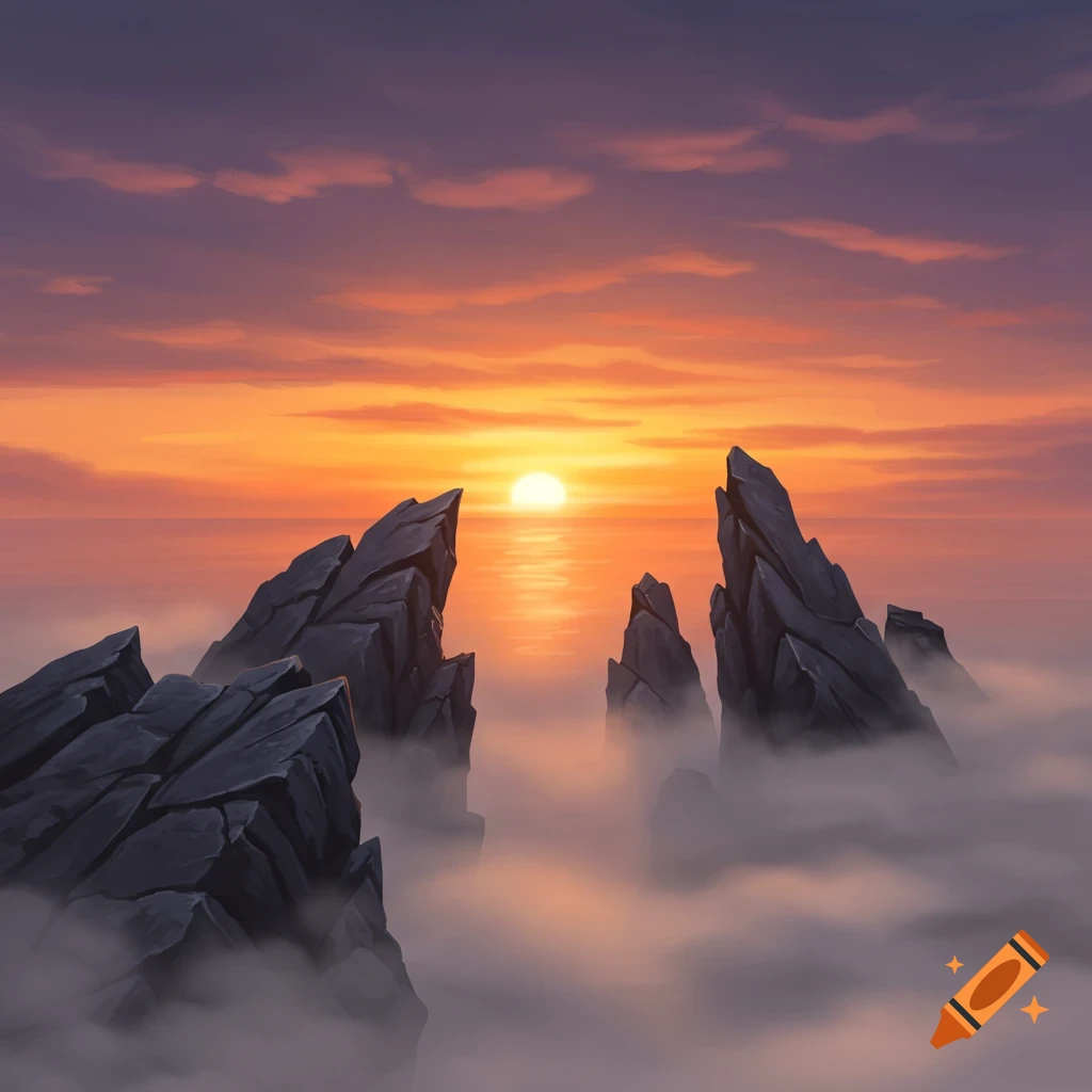 A vibrant sunset over the ocean framed by jagged rocks rising from fog.