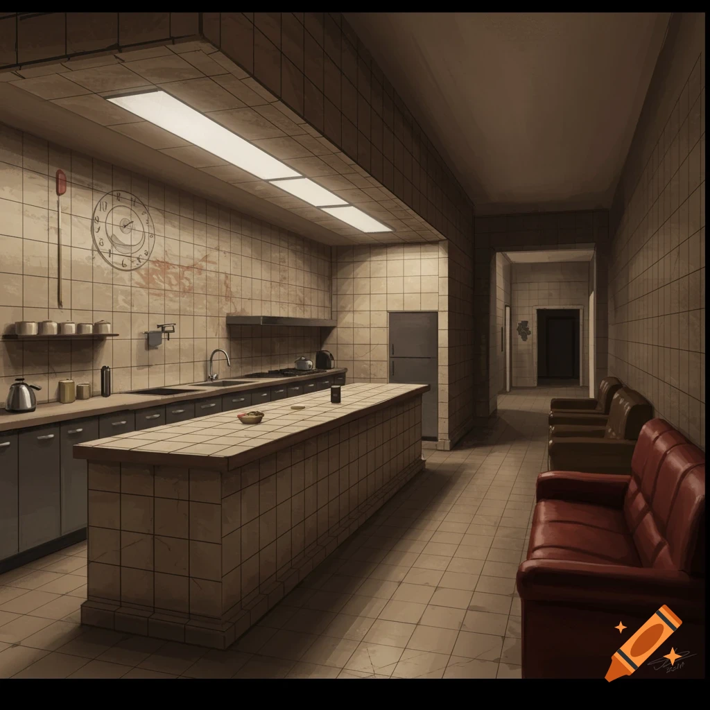 Gritty tiled room with kitchen counters, a large island, couches, and a hallway.