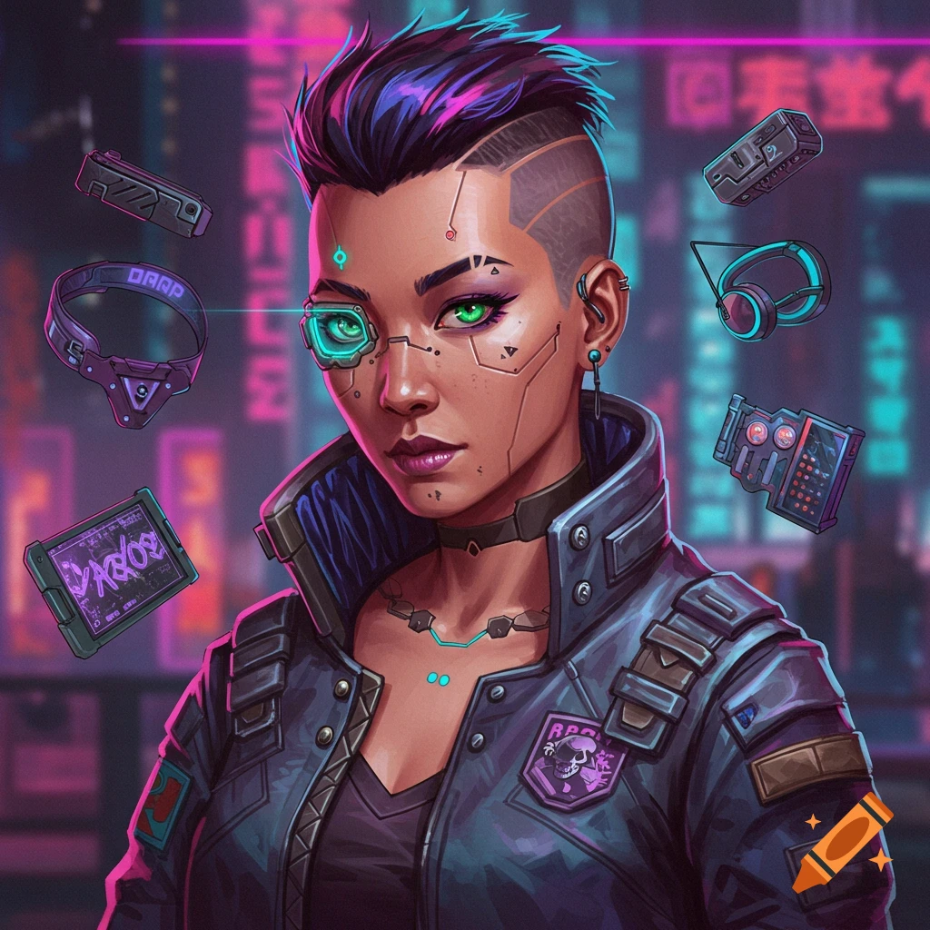 A stylized portrait of a cyberpunk woman with a glowing cyber eye, implants, and purple hair, surrounded by floating tech gadgets.