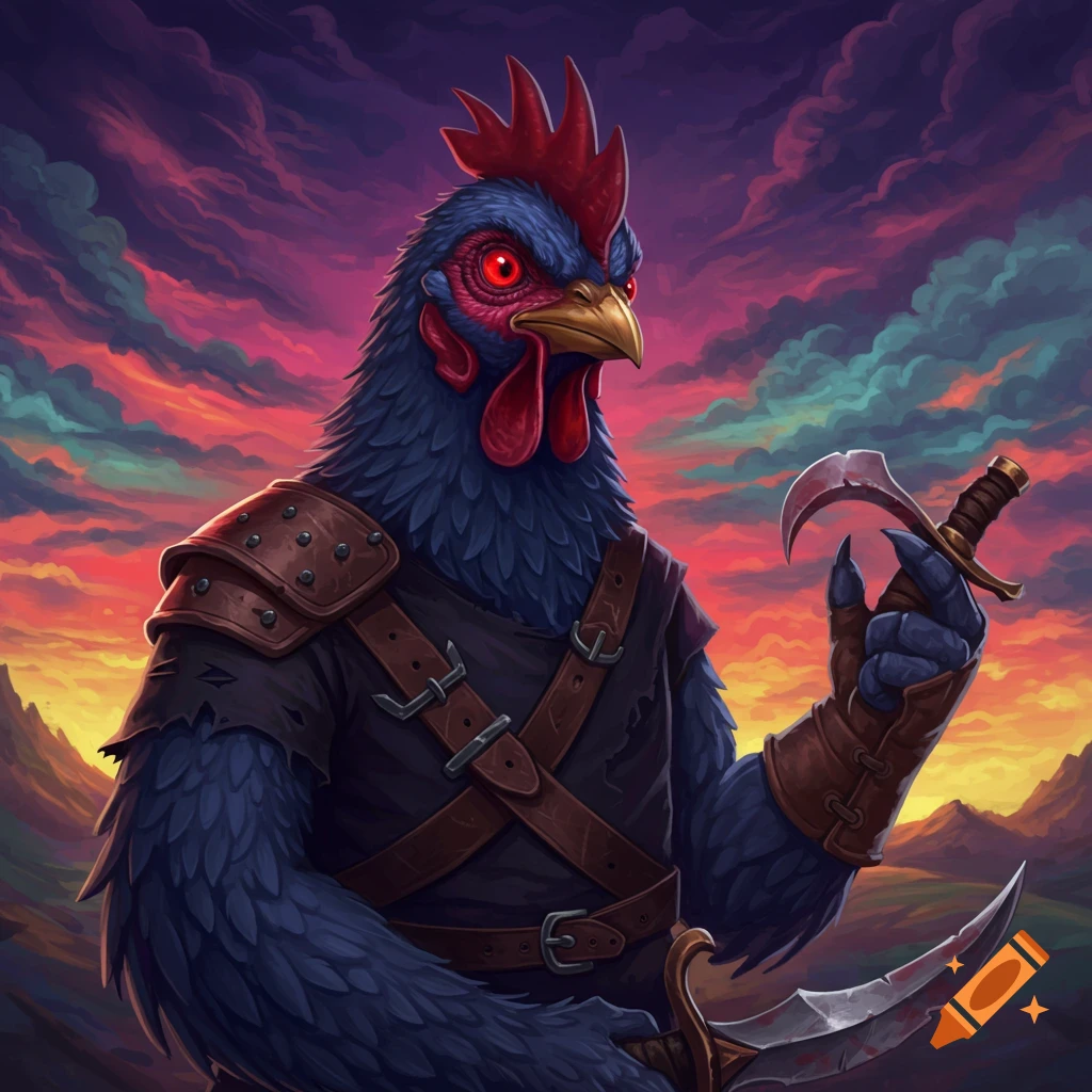 Fantasy art of a humanoid chicken creature in leather armor holding daggers under a dramatic sky.