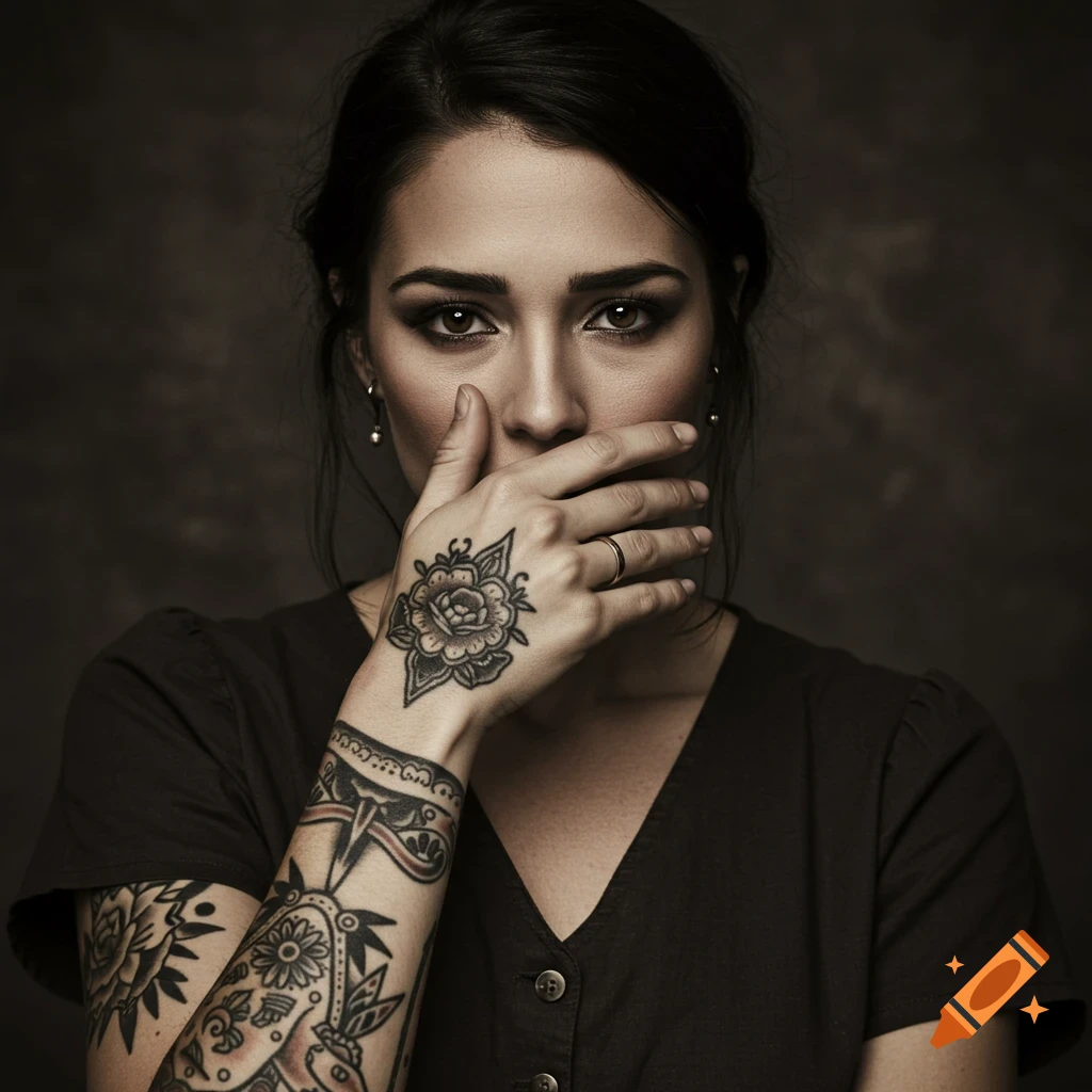 Portrait of a woman with traditional tattoos holding her hand over her mouth