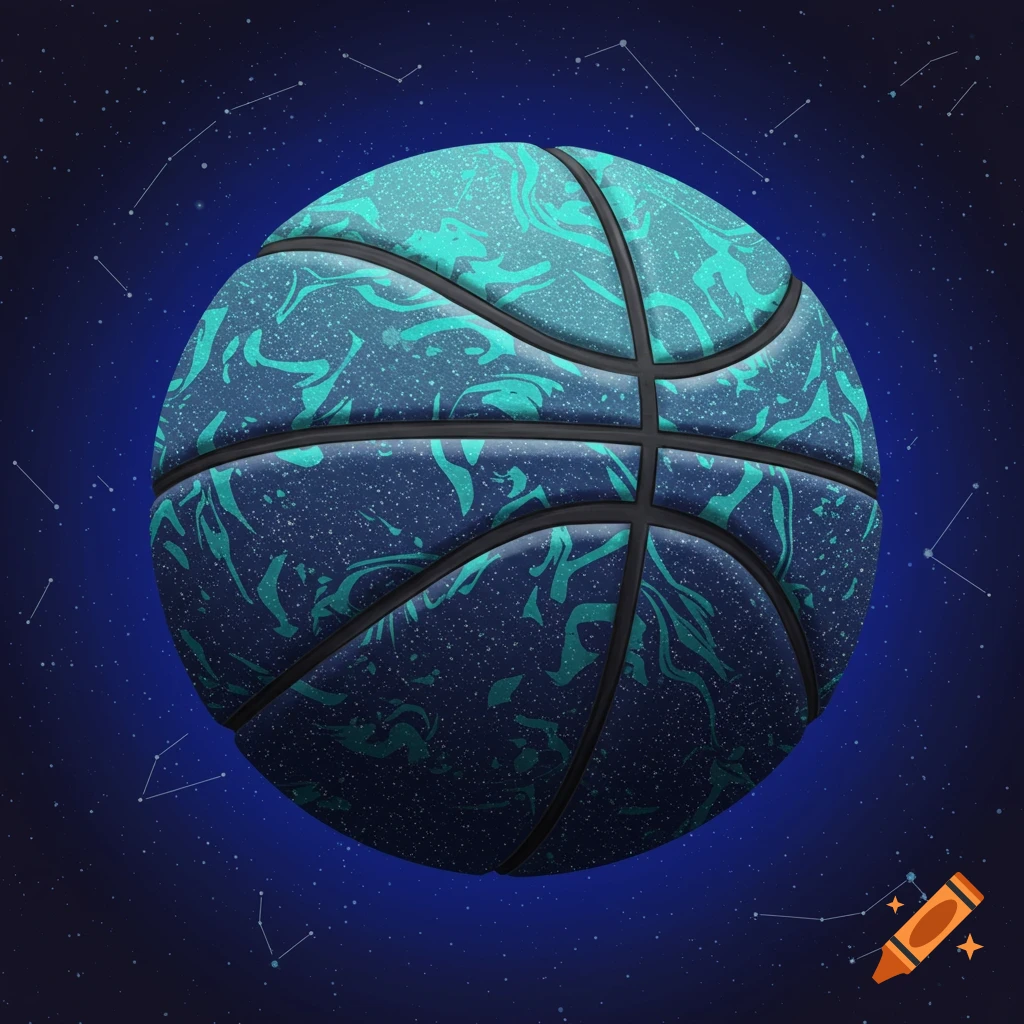 A basketball with a swirling blue and turquoise pattern floats in space with stars and constellations.