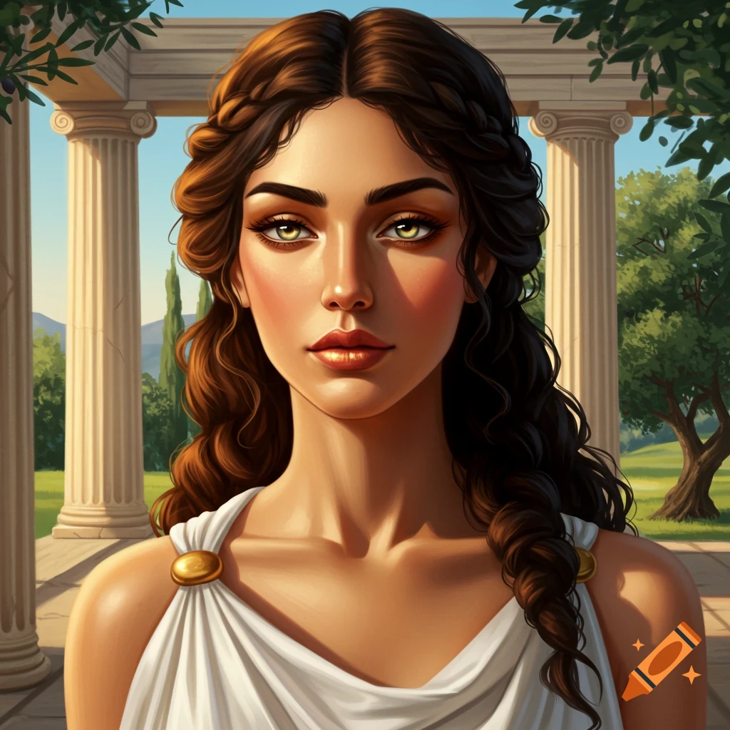 Portrait of a woman with Greek features in a classical setting with columns.