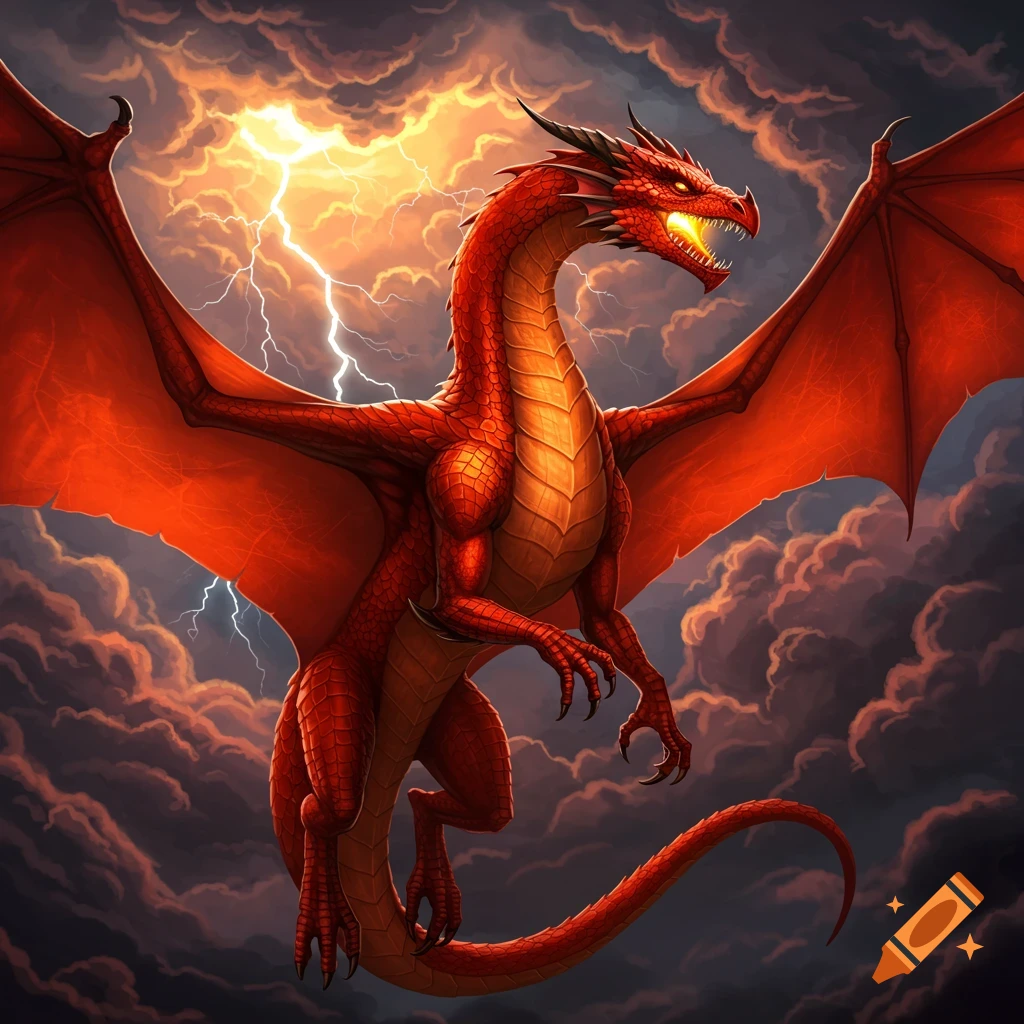 A red dragon with glowing eyes flies through a dark, stormy sky with lightning.
