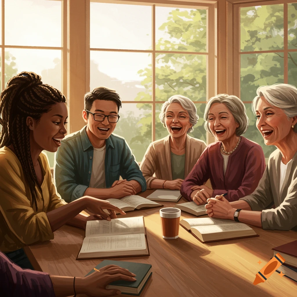 An illustration of a diverse group of people laughing while reading books at a table.