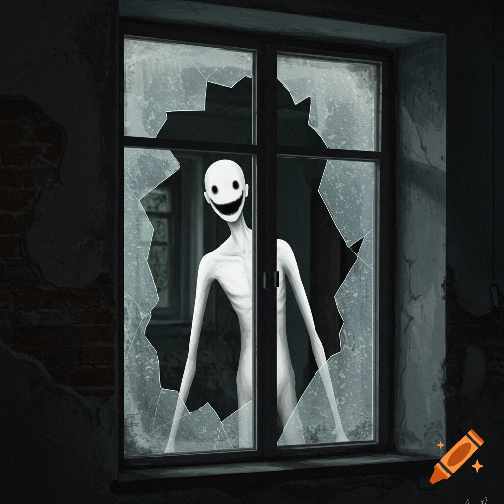 Slender, faceless white man with toothy smile peeking through cracked window.