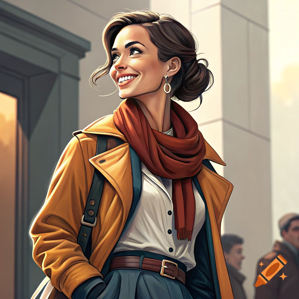 Illustrated portrait of a stylish woman smiling in a yellow coat and red scarf outside a building.