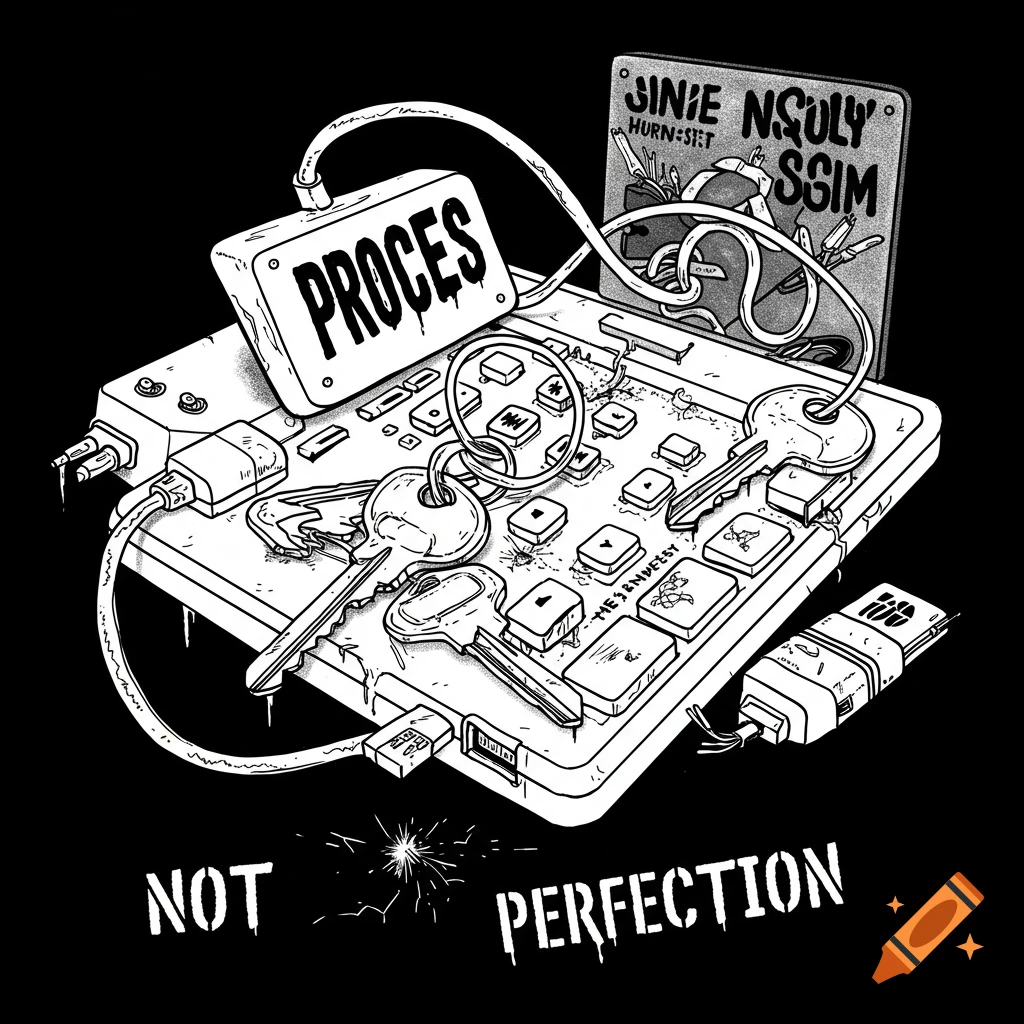 Grunge-style black and white t-shirt design with smashed keyboard keys spelling 'PROCESS' and the phrase 'NOT PERFECTION'