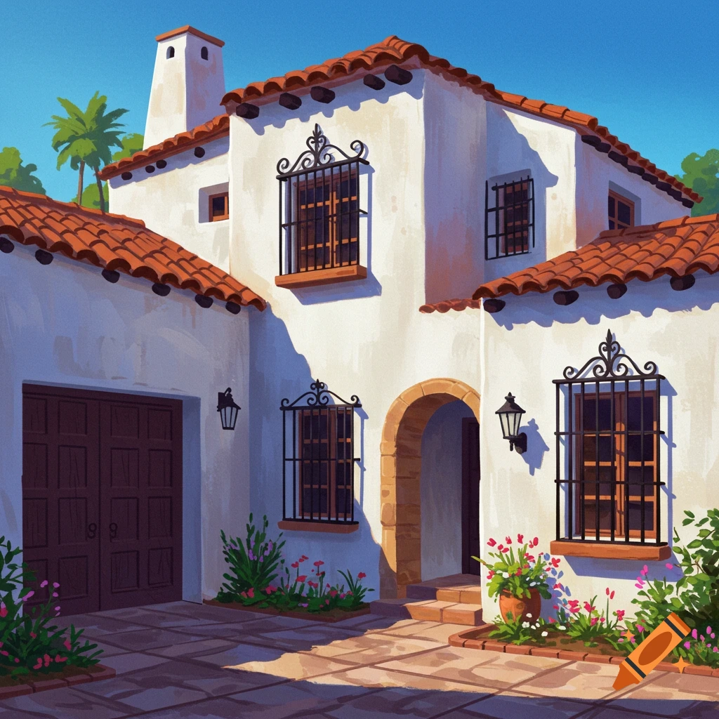 A white Spanish-style house with a red tile roof, arched entry, wrought iron window bars, garage, and landscaping.