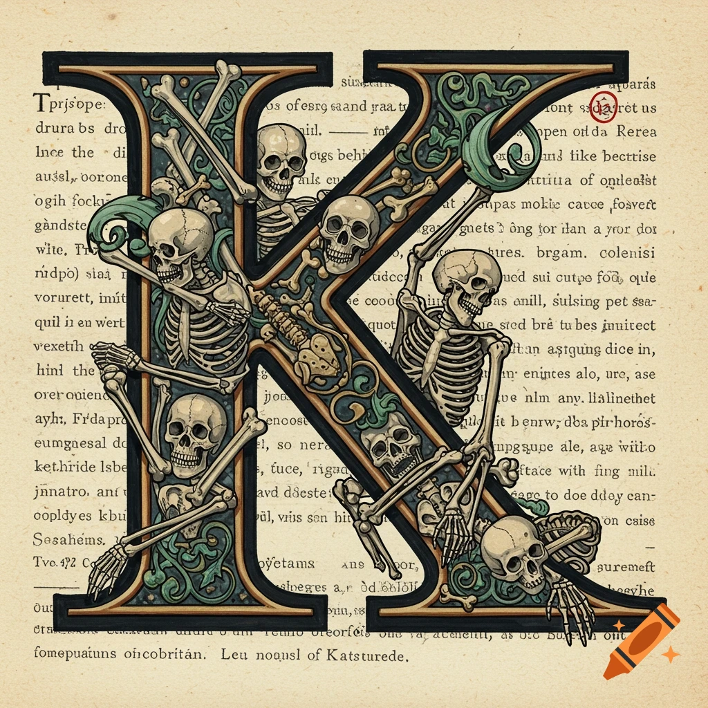Letter K drop cap with skeleton embellishments