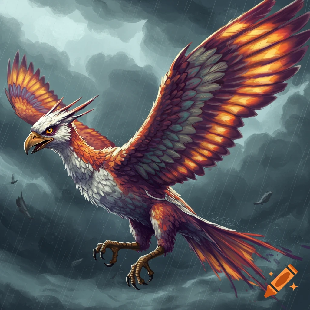 A large fantasy bird with orange and white feathers flies through a rainy, cloudy sky.