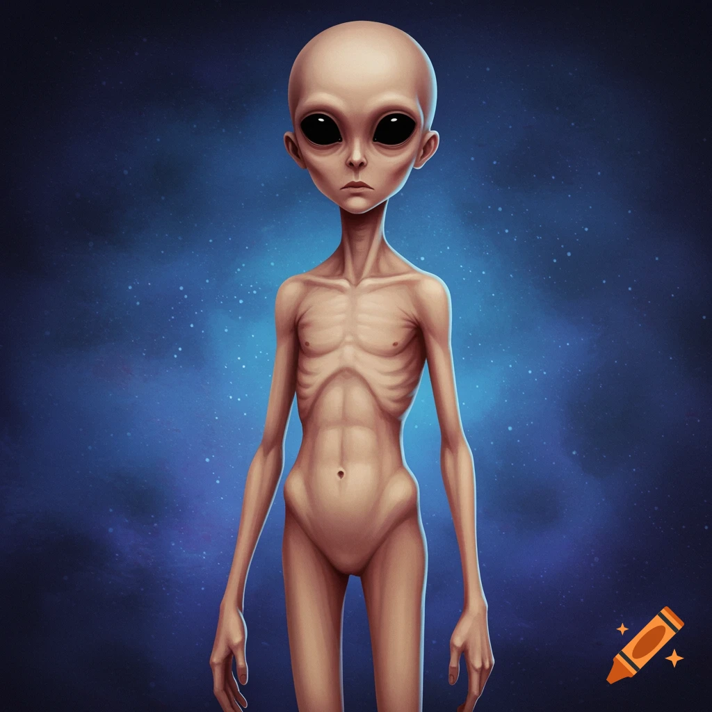 A skinny alien figure with bald head and black eyes stands against a starry blue background.