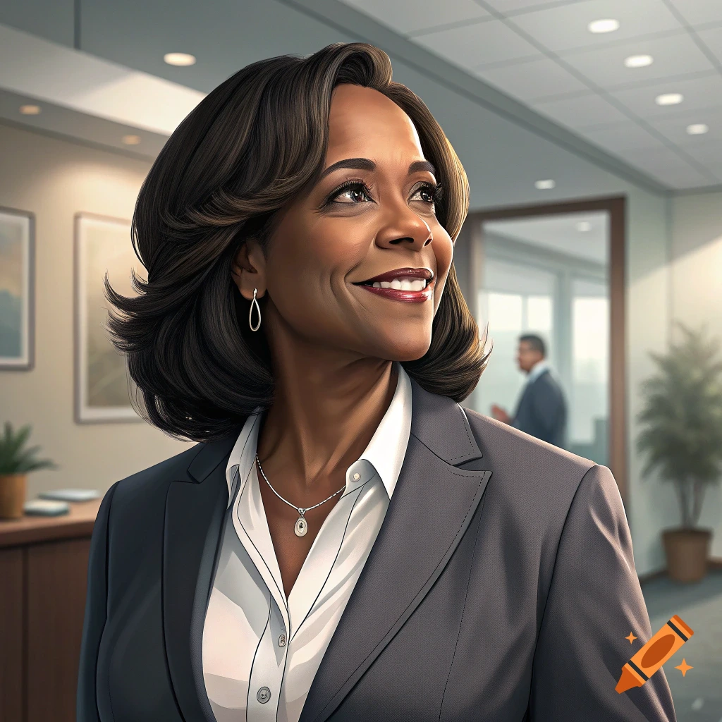 Portrait of a smiling woman in a business suit in an office.