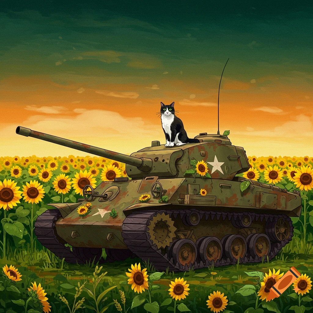 A black and white cat sits on a tank in a sunflower field under an orange sky.
