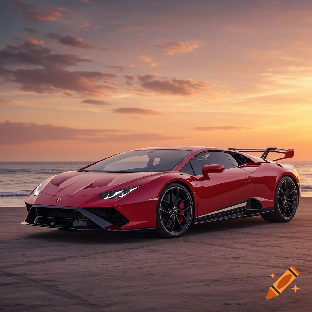 Red Lamborghini Huracan Sto on a beach during sunset.