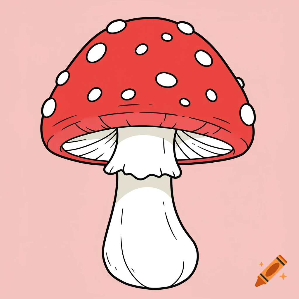 A red and white cartoon mushroom on a pink background.