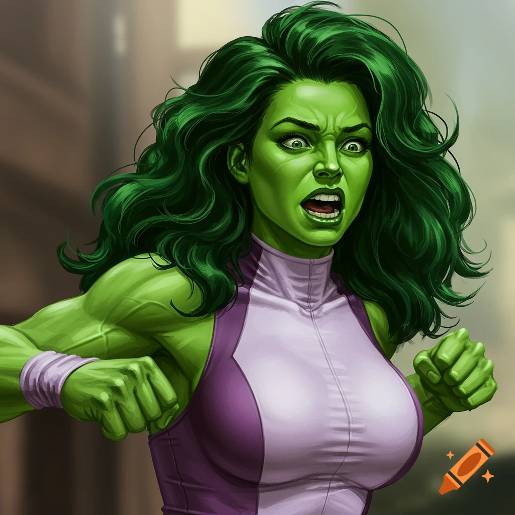 Realistic illustration of a green-skinned female superhero with green hair, intense expression, purple and white outfit.