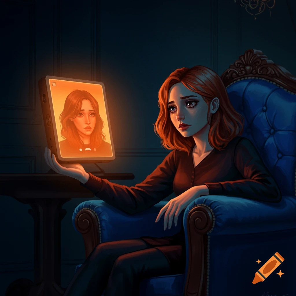 Illustration of a sad woman looking at a tablet displaying another woman's face in a dark room.