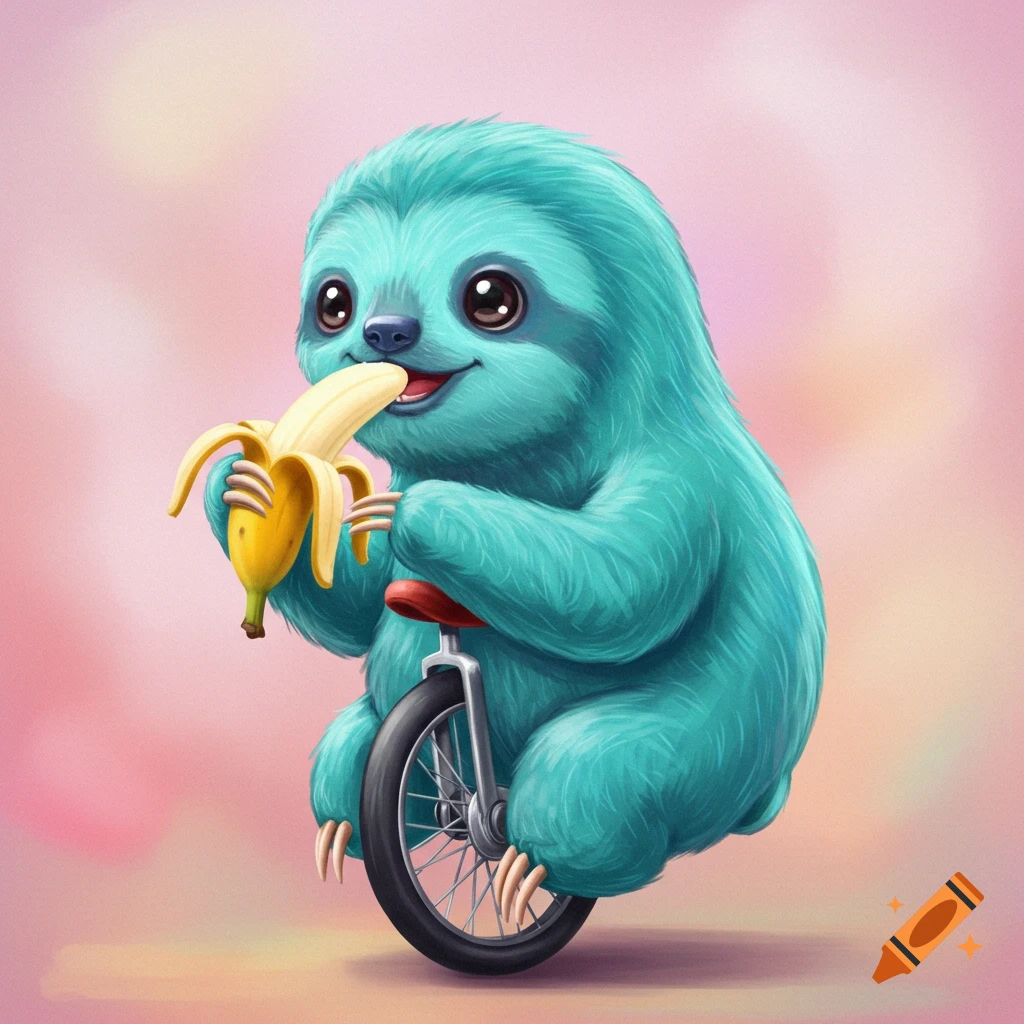 A cute teal sloth rides a unicycle while eating a banana in an illustration.