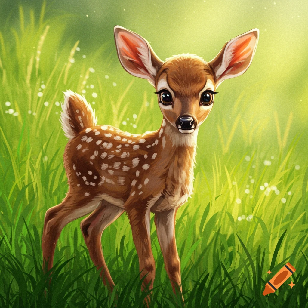 An illustration of a cute baby deer standing in tall green grass.