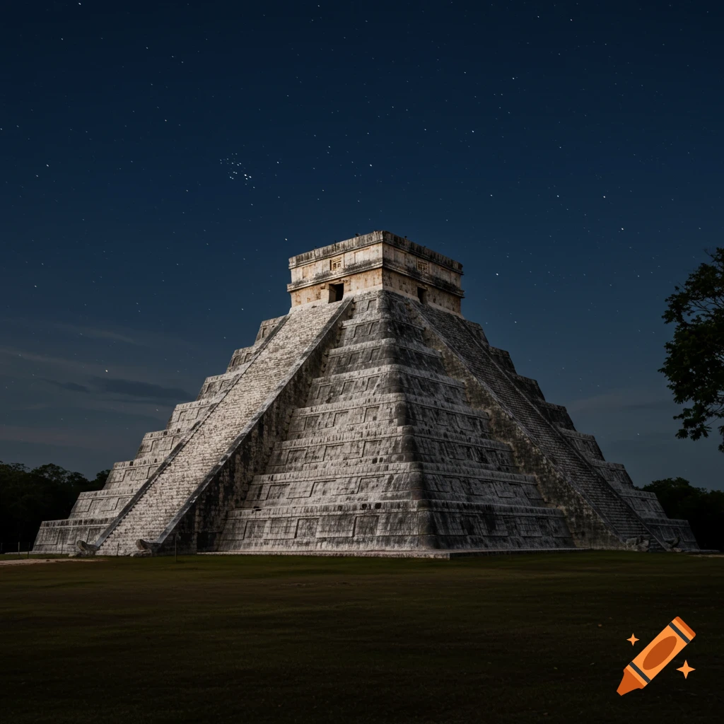 The pyramid at Chichen Itza under a starry night sky.