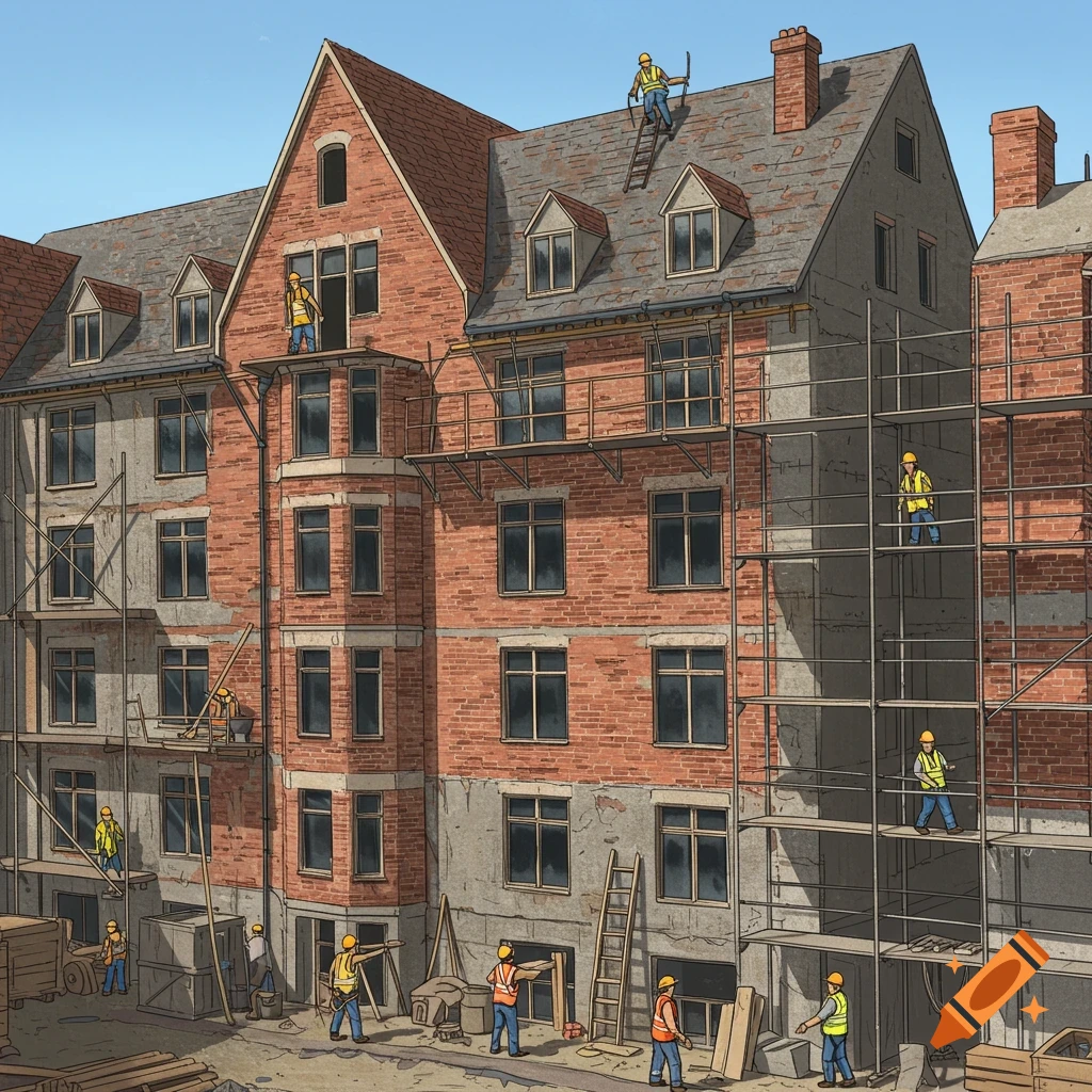 An illustration of a brick building under construction with scaffolding and workers