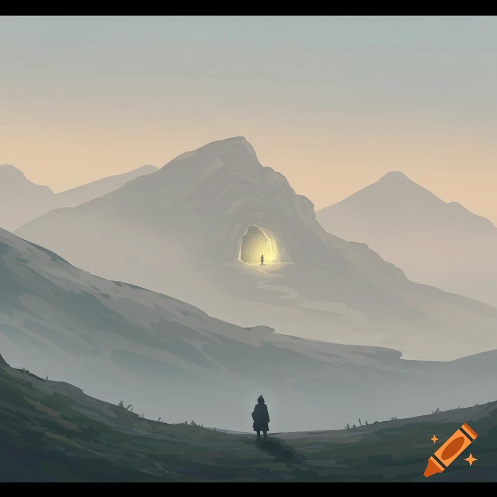 A figure looks towards a glowing cave in a mountain, with misty mountains beyond.