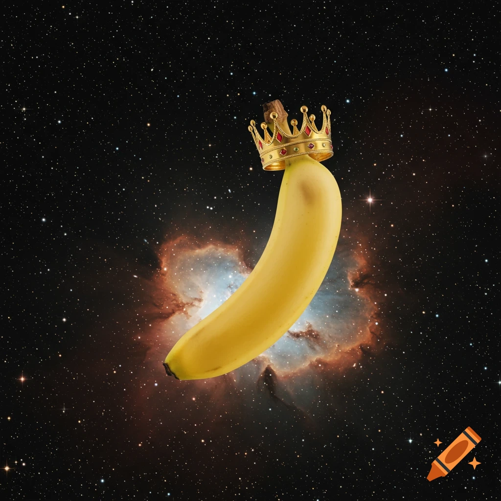 A banana wearing a golden crown floats in front of a nebula in space.