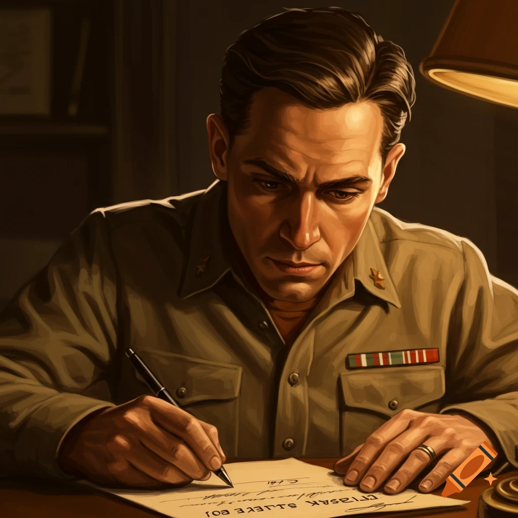 Close-up of a man in military uniform writing on a document under lamp light