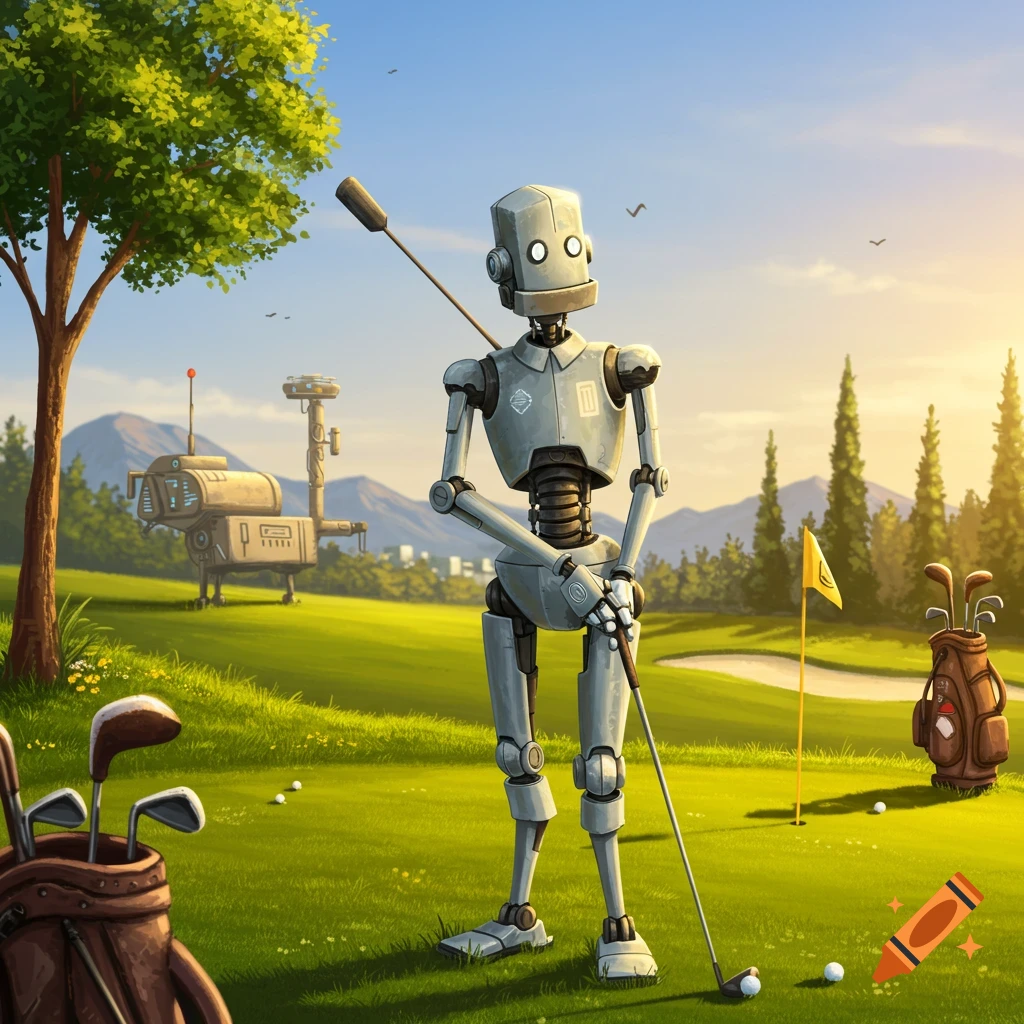 A robot plays golf on a sunny course with sci-fi structures and mountains in the background, illustrated style.
