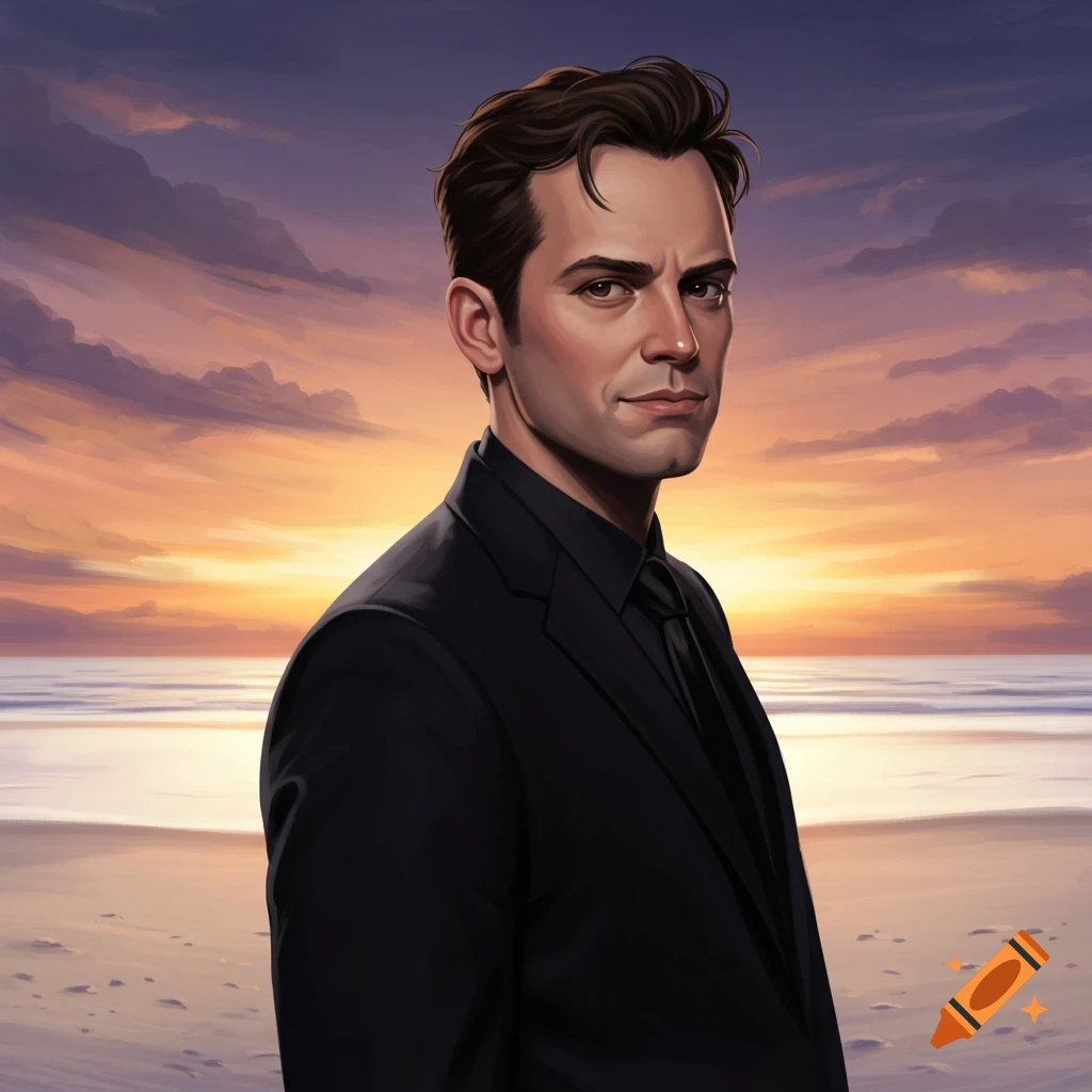 Illustration of a man in a black suit standing on a beach at sunset.