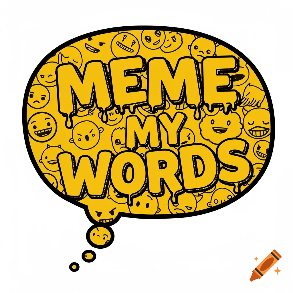 A yellow speech bubble logo with cartoon faces and 'MEME MY WORDS' text.