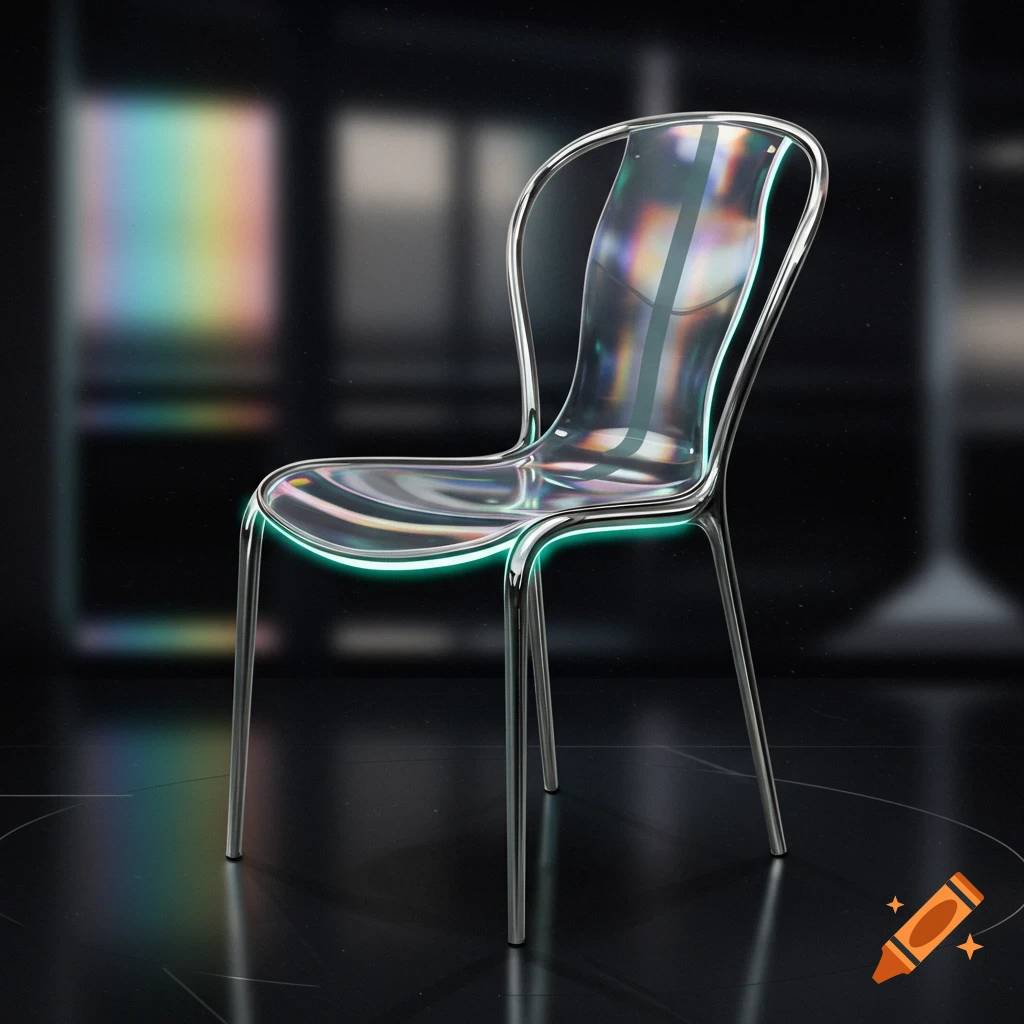 A futuristic transparent chair with a chrome frame and green glowing trim, against a dark, blurred background.