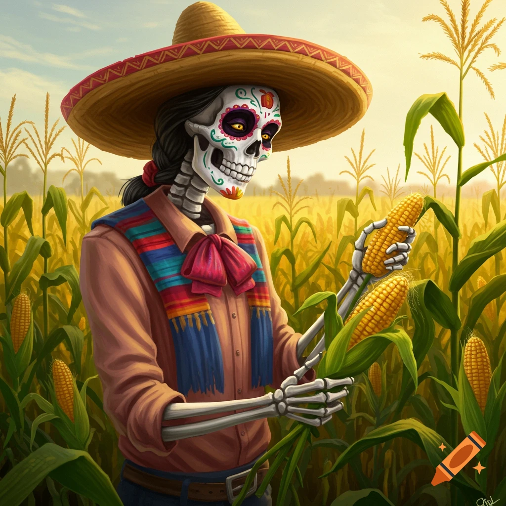 Illustrative image of a skeleton wearing a sombrero and colorful sash, picking corn in a sunny field.
