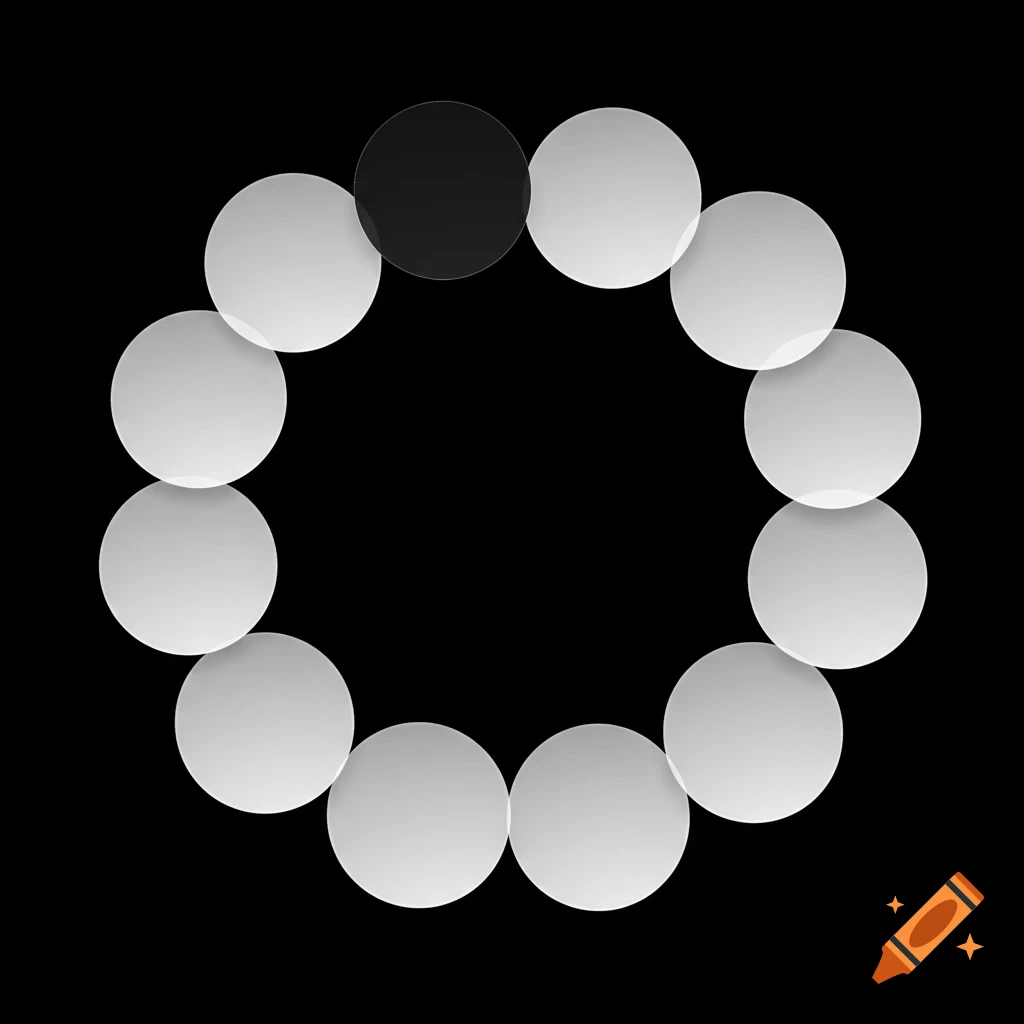 Circle of 11 circles, one black, transparent PNG